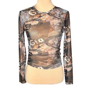 NWT Y2K 90s Sheer Mesh Cropped Top Sz S All-Over Print Fairy Grunge Goth Club